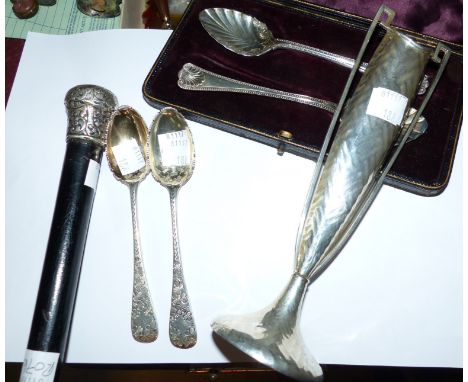 A silver art nouveau vase, a pair of silver spoons, a pair of EPNS spoons (cased) and an ebony walking stick with silver top