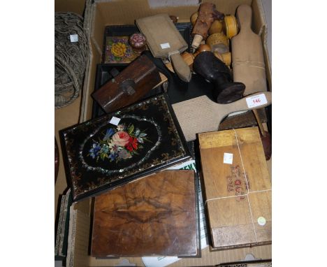 A quantity of vintage treen including butter pats, ebony tray etc.
