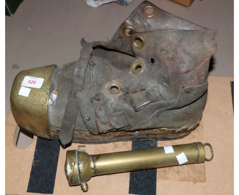 A vintage diver's brass mounted weighted boot and brass torch