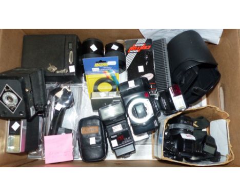 Two Minolta 7000 cameras, Minolta and other lenses and accessories, 2 other box cameras etc