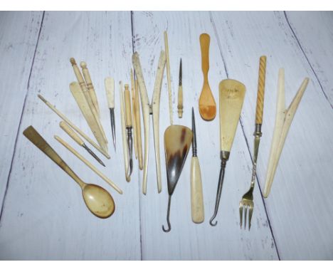 2 pairs of Victorian bone glove stretchers, other items to include button hooks, crochet hooks etc.