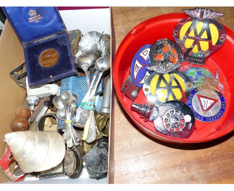 Two chrome AA badges; 5 other vintage car badges; vintage electric toaster sold as collectors' item only; paper guillotine; a