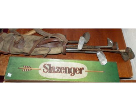 A selection of Hickory shafted and vintage golf clubs and a box of Slazenger arrows