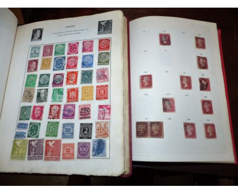 A collection of stamps in 2 albums including GB QV penny reds, plates, German stamps etc.
