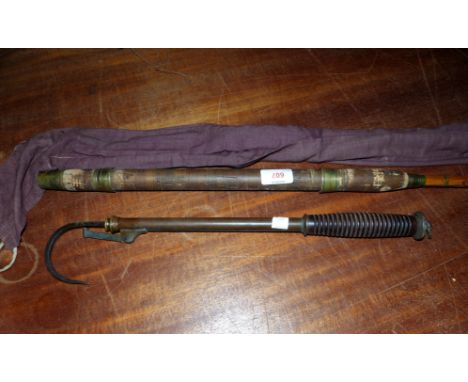 A Lindop split cane 2 piece rod, a spinning reel, another and a vintage telescopic gaff 