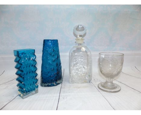 A Whitefriars tapering oval Kingfisher blue vase with knobbly finish 7''; a small Whitefriars style vase with zigzag finish; 