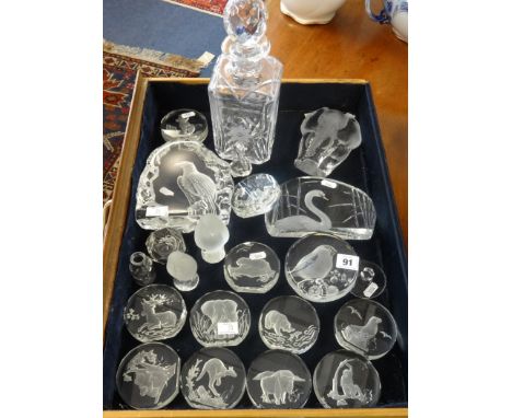 Collection of glassware including paperweights, Wildlife Crystals by Danbury Mint, frosted glass birds by Reijmyre, decanter 