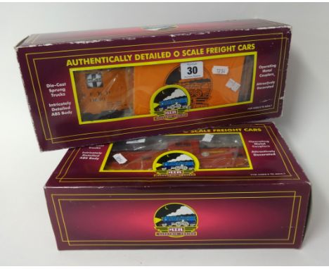 MTH electric trains, two Santa Fe Reefer and Caboose freight cars, boxed ,also train set 'Norfolk & Western Line', boxed.