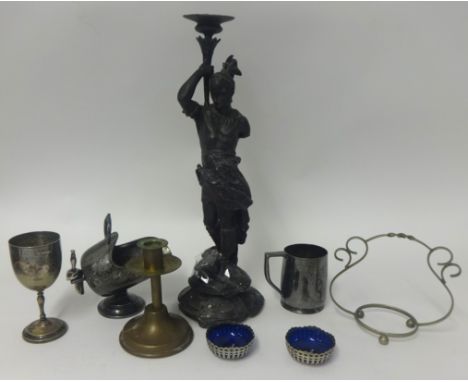 Various metal wares, pair of blue glass lined table salts, speltar figure, sugar helmet brass candlestick etc.