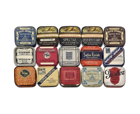 15 Schreibmaschinen-FarbbanddosenUSA, verschiedene Motive, lithographiertes Blech.     Start Price: EUR 40   Zustand: (2-3/-)