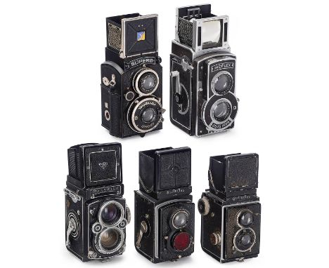 5 TLR-Kameras 6 x 61) Voigtländer, Braunschweig. Superb, zweites Modell, Nr. 596101, um 1939, Heliar 3,5/7,5 cm, Feet-Skala. 