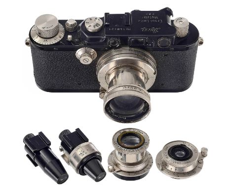 Leica III mit 3 Nickel-Objektiven, um 1934Leitz, Wetzlar. 1) Leica III Nr. 148321, Entfernungsmesser stimmt, schöne Kamera mi