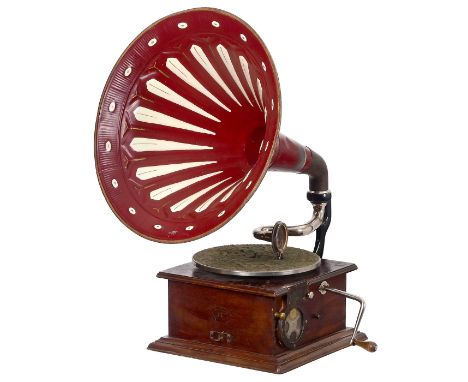 Münz-Trichtergrammophon Parlophon, um 1910Eichengehäuse, "Veni Vidi Vici"-Glimmerschalldose, 25cm-Plattenteller, rot lackiert