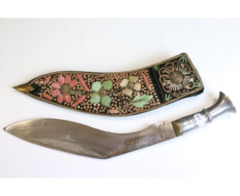 An Indian Kukri knife With Aluminium Handle and Decorative Embroidered Scabbard. 