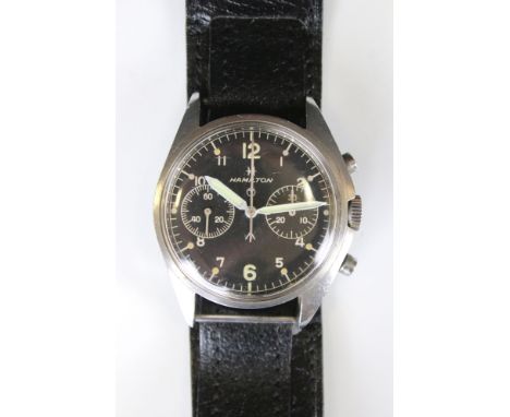 A gents Hamilton RAF chronograph wristwatch, with manual wind movement, dated 1972, the black dial with Arabic numerals denot