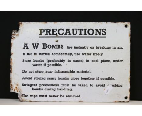 A World War Two Era Bomb Storage Precautions enamel sign. 