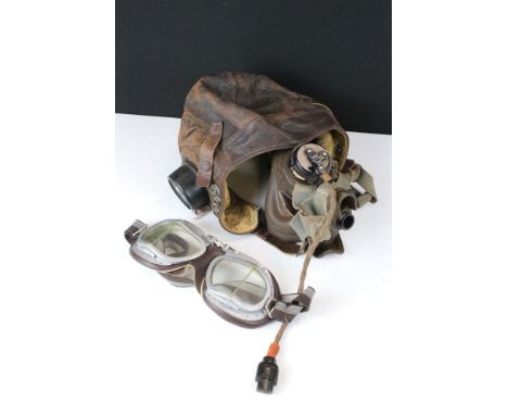 A British World War Two Royal Air Force / Air Ministry Leather Flying / Pilots Helmet And Mask, Both Pieces With Air Ministry