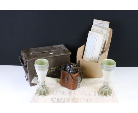 A Small Collection Of Mixed Military Collectables To Include Artillery Cases, Ammunition Box, Maps, Binoculars And A Diplomat
