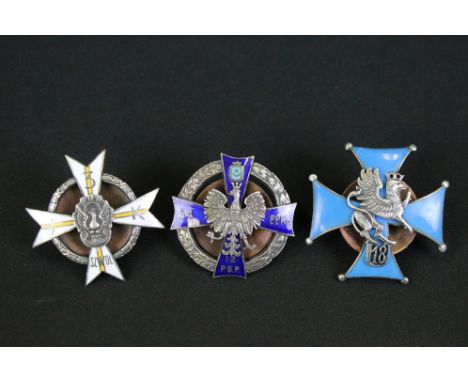 A Collection Of Three World War One Era Polish Enamel Award Badges, All Complete With Screw Back Fixings. 