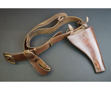 A British Military World War Two Era Leather Side Arm Gun Holster Complete With Attached Belt, Holster Dated 1937 And Marked 