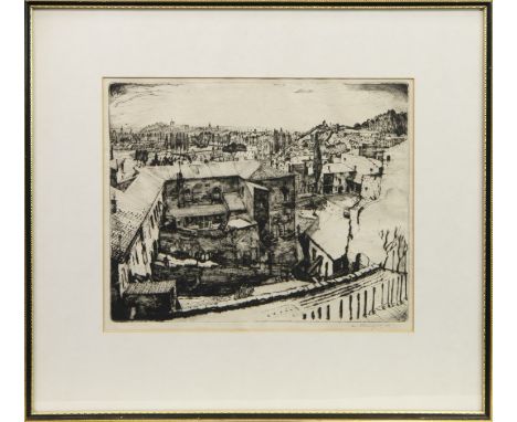 * IAN FLEMING RSA RSW RGI (SCOTTISH 1906 -1994), VILLAGE SCENE FROM HILLTOP etching, signed and dated '33 in pencil 26cm x 32