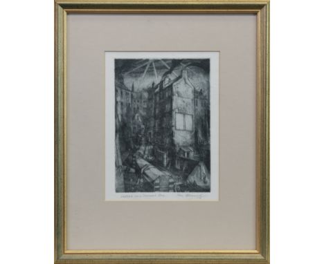 * IAN FLEMING RSA RSW RGI (SCOTTISH 1906 -1994), SHELTERS IN A TENEMENT LANE etching, signed and titled in pencil 21cm x 15cm