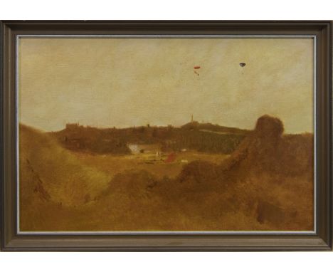 * JOHN HALLIDAY (SCOTTISH b 1933 - ), PARACHUTE JUMPING IN THE PARK oil on board, signed and dated '74 49cm x 75cm Framed Pro