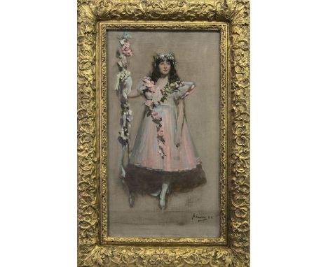 SIR JOHN LAVERY RA RSA RHA (IRISH 1856 - 1941), THE GARLANDED BALLERINA oil on canvas, signed and dated '96 61cm x 33cm Frame