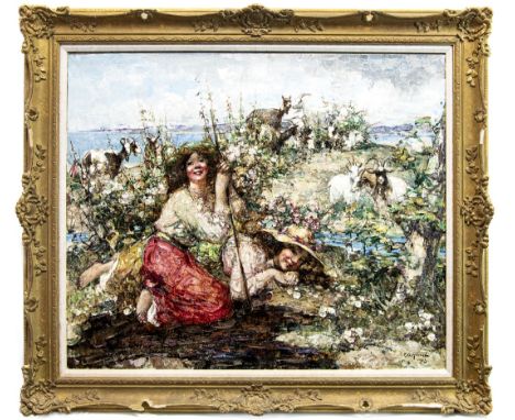 EDWARD ATKINSON HORNEL (SCOTTISH 1864 - 1933), WHERE LARKS SING AND SEABIRDS CALL oil on canvas, signed and dated 1913 79cm x