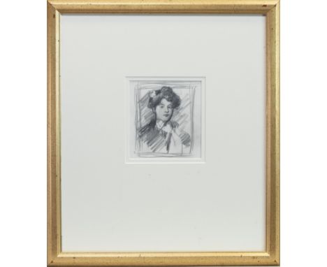 * JOHN DUNCAN FERGUSSON RBA (SCOTTISH 1874 - 1961), SKETCH OF A YOUNG LADY pencil on paper 12cm x 11cm Mounted, framed, and u