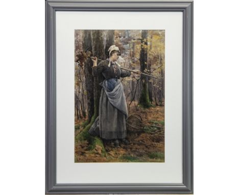 GEORGINA M DE L'AUBINERE (ENGLISH/CANADIAN exh 1880-1905), PORTRAIT OF A LADY IN A WOODLAND watercolour on paper 52cm x 35cm 
