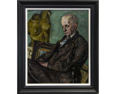 * ALFRED AARON WOLMARK RA (BRITISH 1877 - 1961), PORTRAIT OF TERRICK WILLIAMS WITH STATUE OF VENUS oil on board, signed and d