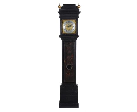 A japanned longcase clock, 18th century and later, the eight day two-train gong striking movement with anchor escapement and 