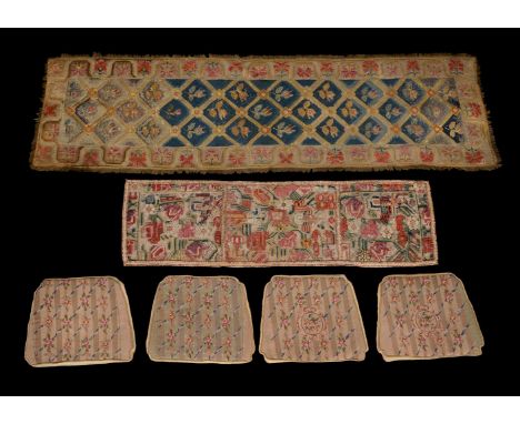 A collection of various tapestry cushions, panels, fragments and carpets, various dates, comprising; a set of four needlework