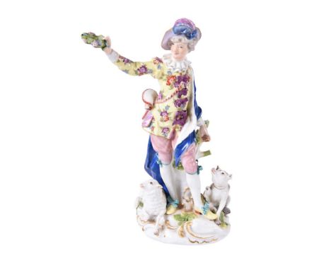 A Meissen model of a shepherd with a sheep-dog and sheep, mid 18th century, modelled holding a wreath, blue crossed swords ma