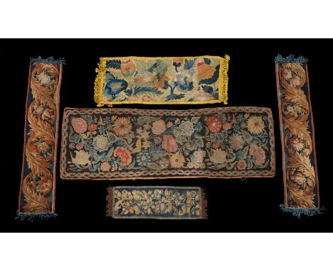 A collection of various verdure tapestry and other tapestry cushions and fragments, comprising; a group of five cushions, the