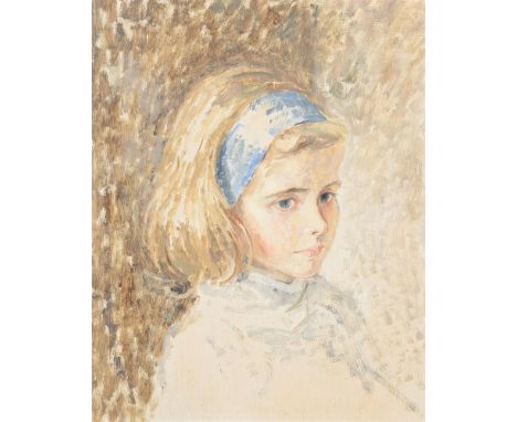 Jeremy Holt (20th century)Portrait of a girl wearing a blue headband Oil on board Inscribed to the board (verso)37.5 x 30cm (