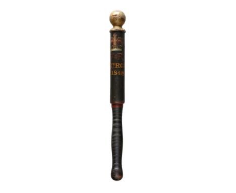 A Victorian dated truncheon with a gilt ball end, a cylindrical turned upper section inscribed V. R BURGH 1848 beneath a Roya
