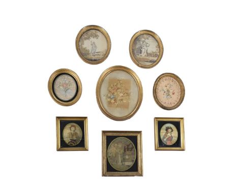 A group of eight George III and Regency silkwork pictures, late 18th and first quarter 19th century, comprising five in oval 
