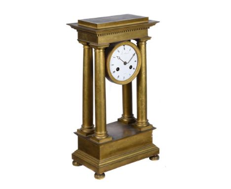 A French gilt metal portico mantel clock, in Empire style, mid 19th century, the eight-day bell striking movement with white 