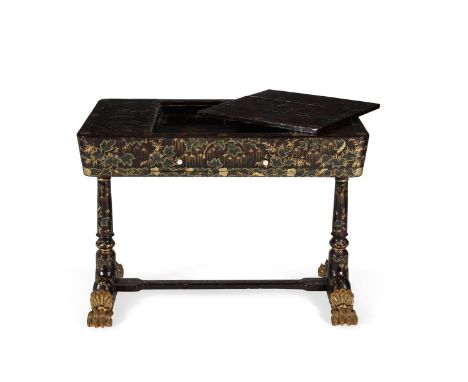 A Chinese Export black lacquered and parcel gilt and floral painted games table, mid 19th century, 75cm high, 101cm wide, 61c