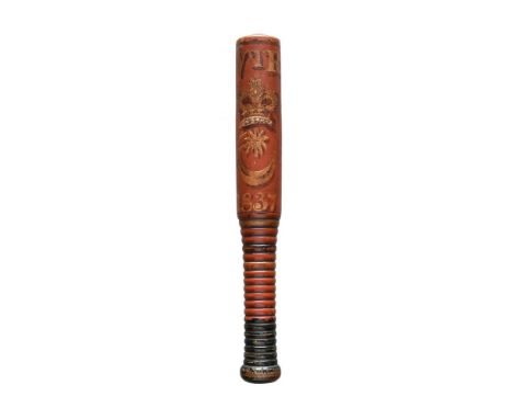 An early Victorian painted and gilt wood dated short truncheon, decorated for Portsmouth, the cylindrical upper section with 