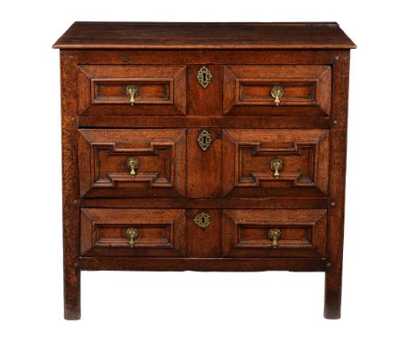 A Charles II oak chest of drawers, circa 1680, 91cm high, 95cm wide, 62cm deep Condition Report: Marks, scratches and abrasio