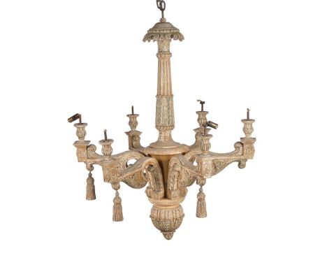 An Italian carved and painted wood six light chandelier in Baroque taste, 20th century, with craquelure finish overall, the s