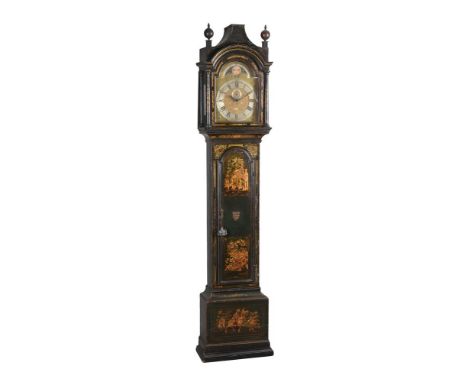 A George III black lacquered longcase clock case, circa 1780, 231cm high, with an arched brass dial with Roman numeral chapte