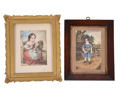 English Provincial School (19th century)A portrait of a girl seated holding her dog; Portrait of a boy standing holding a gun