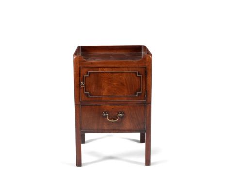 A George III mahogany night commode, circa 1780, the three quarter gallery incorporating pierced side carrying handles, 76cm 