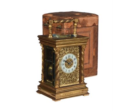 A gilt brass carriage clock, R & Co, Paris, circa 1900, with eight-day strike/repeat gong striking movement and platform leve