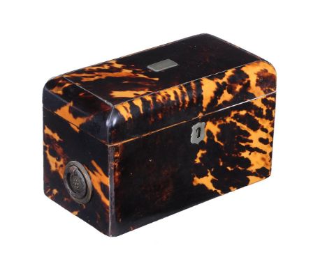 Y A Victorian tortoiseshell tea caddy, circa 1860, of rectangular form, the lid with silver plated rectangular tablet, the in
