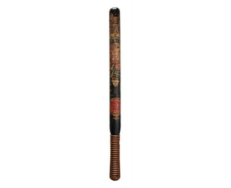 George IV painted and turned wood truncheon, decorated with royal coat of arms surmounted with a crown, above G IV R cypher a